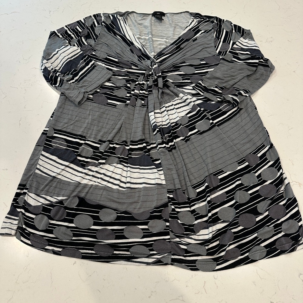 Ellos Womens 1X Tunic Top Gray Black White Polka Dot Stripe Knot Front V-Neck
